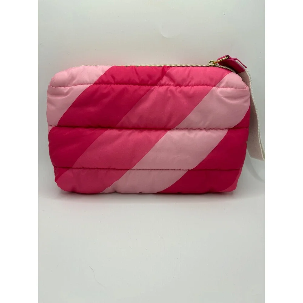 Estee Lauder Pink‎ Puffer Makeup Bag Quilted Striped Recycled Wristlet Pouch